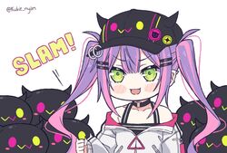  :d baseball_cap bibi_(tokoyami_towa) blush blush_stickers chibi choker colored_inner_hair commentary creature desk_slam ear_piercing english_commentary english_text female green_eyes hat hololive kukie-nyan long_hair long_sleeves multicolored_hair open_mouth piercing pink_hair purple_hair simple_background smile sound_effects streaked_hair tokoyami_towa tokoyami_towa_(1st_costume) twintails twitter_username two-tone_hair upper_body virtual_youtuber white_background 