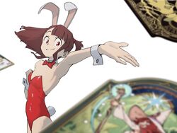  animal_ears armpits asymmetrical_bangs bare_shoulders blunt_bangs blurry bow bowtie breasts brown_hair closed_mouth cowboy_shot depth_of_field detached_collar fake_animal_ears fake_tail female flipped_hair hair_tie hand_up hat highres kagari_atsuko leotard little_witch_academia long_hair long_sleeves looking_at_viewer medium_hair one_side_up outstretched_arm playboy_bunny psylduck rabbit_ears rabbit_tail red_bow red_bowtie red_eyes red_hair red_leotard shiny_chariot shiny_rod_(little_witch_academia) shirt simple_background single_sidelock small_breasts smile solo standing star_(symbol) straight_hair strapless strapless_leotard tail tareme throwing trading_card white_background white_shirt wide_sleeves witch_hat wrist_cuffs 