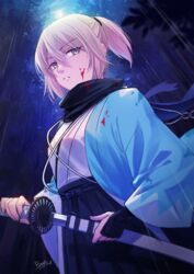  2021 black_hakama black_scarf blood blood_on_clothes blood_on_face dated eyelashes fate_(series) female forest grey_eyes hair_between_eyes hakama haori holding holding_sheath holding_sword holding_weapon japanese_clothes katana kimono koha-ace looking_at_viewer nature night okita_souji_(fate) okita_souji_(koha-ace) outdoors parted_lips ponytail rain rainsp scarf sheath shinsengumi signature solo sword unsheathing weapon white_hair white_kimono 