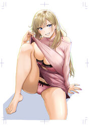  arm_support bare_shoulders barefoot bow bow_panties bra breasts cleavage clothes_lift clothes_tug clothing_cutout comic_kairakuten earrings female fingernails grin hair_between_eyes highres jewelry lace-trimmed_bra lace-trimmed_panties lace_trim large_breasts lifting_own_clothes light_brown_hair lipstick long_hair long_sleeves looking_at_viewer makeup nail_polish panties pink_bra pink_panties pink_skirt pink_sweater piston_ring purple_eyes purple_nails ring shadow shoulder_cutout simple_background sitting skirt skirt_lift smile solo sweater sweater_lift sweater_tug teeth thighs toenails toes turtleneck turtleneck_sweater underwear very_long_hair white_background 