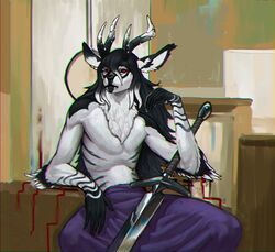  anthro antlers arm_tuft black_hair black_nose black_sclera black_stripes blood bodily_fluids chair chest_tuft chromatic_aberration deer elbow_tuft facial_markings fur furniture hair head_markings hi_res horn inner_ear_fluff male mammal markings melee_weapon nebaglubina pupils red_eyes slit_pupils solo stripes sword throne tuft weapon white_body white_fur 