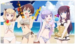  4girls beach beach_umbrella bikini blonde_hair blue_eyes brown_hair closed_mouth day iijima_yun long_hair multiple_girls new_game! ocean open_mouth outdoors purple_eyes purple_hair sand shinoda_hajime short_hair smile suzukaze_aoba swimsuit takimoto_hifumi third-party_source tropical_drink umbrella water_gun 