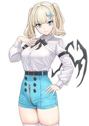  aqua_eyes aqua_shorts belt black_neckwear blonde_hair collared_shirt cowboy_shot female hair_ornament hand_on_own_hip high-waist_shorts highres light_blonde_haired_girl_(michihasu) long_sleeves looking_at_viewer medium_hair michitaro_smile original shirt shirt_tucked_in shorts simple_background solo twintails white_background white_shirt zipper 