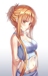  absurdres arm_behind_back asuna_(sao) braid breasts brown_hair cleavage crop_top female french_braid gradient_background grey_background highres long_hair medium_breasts navel nonoa-cg orange_hair parted_lips shiny_skin sidelocks skirt solo standing stomach sword_art_online very_long_hair white_background white_skirt 