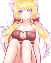  akan817 animal_ears bad_id bad_pixiv_id bare_shoulders black_bra blonde_hair blue_eyes bow bra breasts cat_ears choker cleavage cleavage_cutout clothing_cutout collarbone female hair_over_shoulder hairbow halterneck king&#039;s_raid knees_up large_breasts long_hair looking_at_viewer low_twintails rodina_(king&#039;s_raid) simple_background sitting solo swimsuit twintails underwear underwear_only white_background 