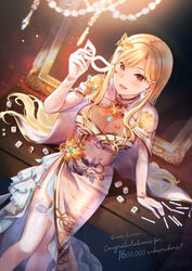  animal_print bangle blonde_hair bloom blush bracelet breasts brown_eyes butterfly_brooch butterfly_hair_ornament butterfly_print capelet chandelier china_dress chinese_clothes cloak congratulations dress dutch_angle earrings elbow_gloves eye_mask facial_tattoo female floral_print frilled_dress frills glint gloves hair_ornament heart heart_tattoo highres hinagisa_yaya holding holding_mask jewelry large_breasts lens_flare long_hair looking_at_viewer luis_cammy luis_cammy_(5th_costume) mahjong mahjong_tile mandarin_collar mask milestone_celebration mirror mole mole_under_mouth nijisanji open_mouth see-through side_slit sidelocks sitting sitting_on_table smile solo swept_bangs tattoo thighhighs virtual_youtuber white_dress white_thighhighs 