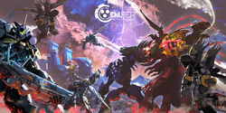  1boy battle blood cockpit commentary copyright_name drill em8er energy_gun english_commentary epic highres in_the_face kaijuu mecha monster official_art pilot pilot_suit tommaso_renieri wallpaper weapon 