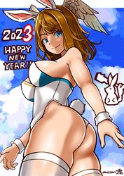  2023 animal_ears ass blue_eyes breast_tattoo breasts brown_hair eunie_(xenoblade) female head_wings large_breasts leotard long_hair looking_at_viewer medium_hair oniisan02b rabbit_ears rabbit_girl smile solo tattoo white_wings wings xenoblade_chronicles_(series) xenoblade_chronicles_3 