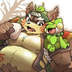  1:1 2015 amphibian anthro belly blush brown_body brown_fur canid canine closed_eyes doggiemonkey duo food frog fur green_body kemono leaf low_res male mammal momochi_sandayuu onigiri overweight overweight_male raccoon_dog rice sengoku_puzzle tanuki 