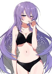  absurdres black_bra black_panties blonde_hair bra breasts female gradient_hair highres hololive hololive_indonesia large_breasts long_hair midoku_(itijikusakura) moona_hoshinova multicolored_hair navel panties purple_eyes purple_hair purple_nails solo star_(symbol) starry_hair underwear underwear_only virtual_youtuber white_background 