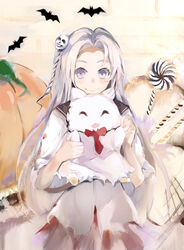  :d ^_^ absurdres animal bat_(animal) black_sailor_collar closed_eyes closed_mouth commentary_request dress feline female forehead grey_hair hanagin highres holding holding_animal long_hair mask mask_on_head open_mouth original parted_bangs pumpkin purple_eyes sailor_collar sailor_dress short_sleeves smile solo very_long_hair white_dress 