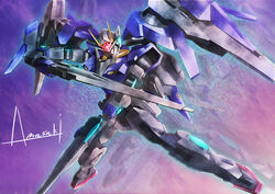  00_gundam 00_raiser afterimage amasaki_yusuke commentary dual_wielding flying gn_drive gundam gundam_00 holding mecha mechanical_wings no_humans photoshop_(medium) robot signature solo sword weapon wings 