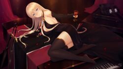  absurdres alcohol alexiel_(pixiv6211566) artist_name ass azur_lane bare_shoulders bismarck_(azur_lane) bismarck_(beacon_of_the_iron_blood)_(azur_lane) black_dress black_gloves black_thighhighs blonde_hair blue_eyes blush breasts cleavage closed_mouth collarbone cup curtains dress drinking_glass elbow_gloves epaulettes fanbox_reward female fingerless_gloves flag glint gloves hair_between_eyes highres holding holding_cup instrument large_breasts long_hair looking_at_viewer official_alternate_costume paid_reward petals piano red_curtains rose_petals sidelocks signature smile solo sword thighhighs tile_floor tiles turret underboob very_long_hair weapon wine wine_glass 