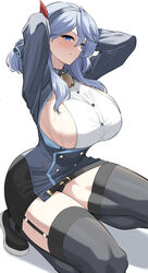  absurdres ako_(blue_archive) arms_up bell black_footwear black_panties black_skirt black_thighhighs blue_archive blue_eyes blue_hair blue_hairband blush breasts commentary_request female garter_straps hair_between_eyes hairband highres kneeling kook korean_commentary large_breasts looking_at_viewer medium_hair panties pantyshot parted_lips shoes sideboob sideless_outfit sideless_shirt simple_background skirt solo thighhighs thighs underwear white_background 