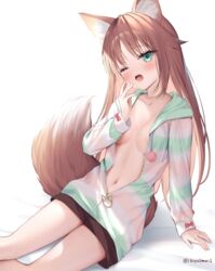  ;o animal_ears breasts breasts_apart brown_hair collarbone commentary_request drawstring female fox_ears fox_girl fox_tail green_eyes hand_up highres hood hood_down hooded_jacket jacket long_hair long_sleeves looking_at_viewer mahoroba_youjo_kitan medium_breasts navel no_bra one_eye_closed open_clothes open_jacket open_mouth sitting solo suyamori tail thighs unzipped white_jacket yokozuwari 