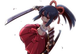  armor black_hair brown_eyes bushidou_(sekaiju) bushidou_2_(sekaiju) commentary drawing_sword eyes_visible_through_hair female hair_tie hakama hakama_short_skirt hakama_skirt highres holding holding_sword holding_weapon japanese_armor japanese_clothes katana light long_hair naga_u navel ponytail sarashi sekaiju_no_meikyuu sekaiju_no_meikyuu_1 sheath simple_background skirt solo sword weapon white_background 