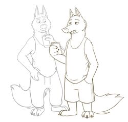  anthro barefoot bottomwear canid canine canis cellphone cheek_tuft clothed clothing container cup digital_drawing_(artwork) digital_media_(artwork) disney drinking duo electronics facial_tuft feet fluffy fluffy_tail fully_clothed gary_(zootopia) hand_in_pocket hi_res holding_cellphone holding_container holding_cup holding_object holding_phone inner_ear_fluff larry_(zootopia) looking_at_another mammal neck_tuft pants phone pockets shirt shorts simple_background skunkbutt_(artist) standing straw_(disambiguation) tail tank_top topwear tuft white_background wolf zootopia 