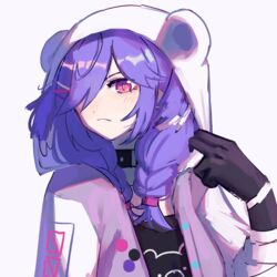  animal_hood bear_hood black_collar black_shirt braid collar female hair_over_one_eye head_tilt hood hood_up hooded_jacket jacket jess_(p2eocene) letterman_jacket looking_at_viewer nijisanji nijisanji_en one_eye_covered portrait purple_eyes purple_hair purple_jacket selen_tatsuki selen_tatsuki_(1st_costume) shirt solo twin_braids virtual_youtuber white_background 