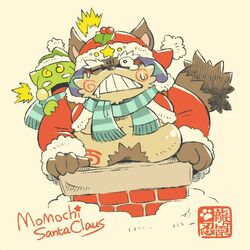  1:1 2016 amphibian anthro belly brown_body brown_fur canid canine christmas clothing doggiemonkey duo frog fur green_body hat headgear headwear holidays kemono low_res male mammal momochi_sandayuu overweight overweight_male raccoon_dog santa_claus scarf sengoku_puzzle tanuki text 