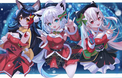  3girls absurdres animal_ear_fluff animal_ears armpits ayafubumi_(hololive) bag beret black_hair black_headwear blush bow braid breasts cleavage commentary detached_sleeves double_fox_shadow_puppet double_v fox_ears fox_girl fox_shadow_puppet gradient_hair green_eyes hair_between_eyes hair_ornament hairbow hairclip hat highres holding holding_bag hololive horns long_hair looking_at_viewer medium_breasts multicolored_hair multiple_girls nakiri_ayame ookami_mio open_mouth red_hair red_shirt red_skirt scarf shirakami_fubuki shirt sidelocks single_braid skin-covered_horns skirt smile soma443 v virtual_youtuber white_hair wolf_ears wolf_girl yellow_scarf 