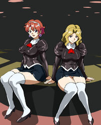  2girls agent_aika aika_(series) alternate_costume ascot bare_shoulders black_delmo black_footwear black_jacket black_skirt blonde_hair blue_eyes breasts bunny_delmo casino casino_card_table commentary_request covered_nipples croupier dealer_delmo delmogeny_uniform earrings headband high_heels highres indoors jacket jewelry juliet_sleeves long_sleeves mamesi_(suhk8583) medium_breasts multiple_girls panties pleated_skirt puffy_sleeves red_ascot red_hair short_hair sitting skirt table thighhighs thighs underwear uniform white_legwear white_panties 