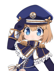  arm_up blue_capelet blue_dress blue_eyes blue_gloves blue_hat blush capelet closed_mouth clothing_cutout commentary_request conciergerie_(oshiro_project) dress epaulettes female gloves hair_between_eyes hat highres light_brown_hair long_sleeves looking_at_viewer navel navel_cutout osaragi_mitama oshiro_project:re peaked_cap salute short_hair simple_background smile solo white_background 