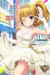  alternative_girls bare_shoulders blonde_hair building city closed_mouth confetti crown_hair_ornament dress female gloves highres looking_at_viewer mizushima_airi official_art one_eye_closed outdoors purple_eyes road side_ponytail smile solo street v wedding_dress white_gloves yellow_dress 