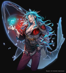  1boy aqua_hair english_text extra_eyes hand_in_pocket hero_cantare highres jegal_taek long_hair long_sleeves looking_at_viewer male_focus off_shoulder official_art open_mouth pants red_eyes red_pants standing teeth the_god_of_high_school torn_clothes yagaaaa 