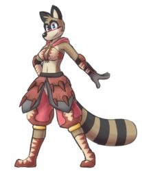  2018 alpha_channel black_nose blue_eyes brown_body brown_fur capcom clothed clothing countershading ears_up eyebrows eyelashes eyewear female fur glasses hi_res looking_at_viewer mammal maple_syrup_art markings maypul monster_hunter navel pose procyonid raccoon rivals_of_aether smile solo standing striped_markings striped_tail stripes tail tail_markings tan_body tan_countershading tan_fur 