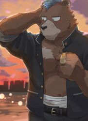  2021 anthro bear black_nose bottomwear brown_body brown_fur clothed clothing detailed_background fur hi_res humanoid_hands kemono male mammal nekodon_san open_clothing open_shirt open_topwear outside pants shirt slightly_chubby solo topwear water 