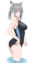  :/ animal_ear_fluff animal_ears ass bare_arms blue_archive blue_eyes blush breasts commentary competition_swimsuit cowboy_shot crossed_bangs earrings extra_ears female from_side grey_hair highres jewelry kuyoumi large_breasts mismatched_pupils official_alternate_costume one-piece_swimsuit ponytail shiroko_(blue_archive) shiroko_(swimsuit)_(blue_archive) sidelocks simple_background solo swimsuit swimsuit_tug thighs two-tone_swimsuit wading water white_background wolf_ears 