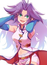  arms_up bakuten_shoot_beyblade_rising beyblade beyblade_rising blue_eyes blush breasts detached_sleeves female hair_intakes looking_at_viewer medium_breasts medium_hair navel open_mouth purple_hair regina_(beyblade) solo thick_eyebrows twitter_username you_bbspb 