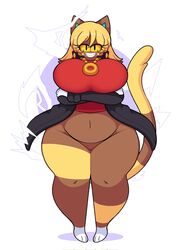  2021 3_toes animal_crossing anthro belly big_breasts big_sister_villager biped blonde_hair bottomless breast_rest breasts brown_body brown_fur clothed clothing crop_top crossed_arms curvy_figure dewbber digital_media_(artwork) domestic_cat eyelashes featureless_crotch feet felid feline felis female front_view fur grin hair hi_res huge_breasts jacket jewelry katt_(animal_crossing) looking_at_viewer mammal multicolored_body multicolored_fur navel necklace nintendo noseless overweight potbelly pupils red_clothing red_shirt red_topwear shirt slightly_chubby slit_pupils smile solo standing teeth thick_thighs toes topwear voluptuous white_body white_fur wide_hipped_female wide_hips yellow_body yellow_fur yellow_sclera 