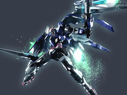  00_gundam 00_raiser boshi_(atuki_mk2) commentary dual_wielding flying gn_drive grey_background gundam gundam_00 holding holding_sword holding_weapon light_particles mecha mechanical_wings mobile_suit no_humans robot science_fiction shiny solo sword v-fin weapon wings 