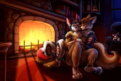  2018 3:2 ambiguous_gender anthro barefoot black_body black_fur blue_eyes canid canine canis chibity clothed clothing detailed_background dingo domestic_dog duo feet fire fireplace fur happy hi_res hug husky inside kigurumi licking light lighting mammal multicolored_body multicolored_fur night nordic_sled_dog one_eye_closed onesie pawpads plant plant_pot plushie potted_plant red_body red_fur romantic romantic_ambiance romantic_couple sitting spitz tan_body tan_fur tongue tongue_out white_body white_fur 