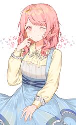  absurdres apron bang_dream! blouse blue_apron blush collarbone commentary cowboy_shot cyg38801 female floral_background frilled_shirt_collar frills hair_ribbon hand_up highres light_smile long_sleeves looking_at_viewer maruyama_aya medium_hair one_eye_closed pink_eyes pink_hair puffy_sleeves ribbon shirt simple_background sleeve_cuffs solo striped_apron striped_clothes swept_bangs symbol-only_commentary wavy_hair white_background white_shirt yellow_ribbon 