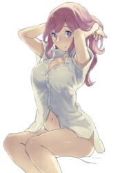  aisutabetao breasts dress_shirt female hands_in_hair large_breasts looking_at_viewer macross macross_delta makina_nakajima navel no_pants purple_eyes purple_hair shirt simple_background smile solo thick_thighs thighs white_background 