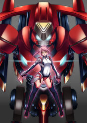  baldr_(series) baldr_sky black_legwear breasts brown_eyes crimson_lotus female gradient_background grey_background looking_at_viewer mecha medium_breasts nagisa_chinatsu photoshop_(medium) pink_hair puru_(manatsu) robot simple_background standing thighhighs 