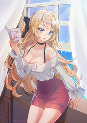  absurdres ahoge artemia_(king&#039;s_raid) artist_name blonde_hair blue_eyes bow breasts chibi_vanille choker cleavage collarbone commentary curtains day english_commentary female hairbow halterneck hand_up high-waist_skirt highres holding indoors king&#039;s_raid large_breasts long_hair long_sleeves looking_at_viewer miniskirt off-shoulder_shirt off_shoulder parted_lips pencil_skirt photoshop_(medium) pink_skirt shirt skirt smile solo thighs very_long_hair white_bow white_shirt window 