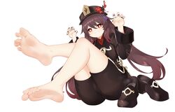  absurdres barefoot black_nails brown_hair chashuwu claw_pose coat feet female flower flower-shaped_pupils foot_focus foreshortening genshin_impact grin hands_up hat hat_flower highres hu_tao_(genshin_impact) jewelry long_hair long_sleeves multiple_rings open_mouth porkpie_hat red_eyes red_flower ring shoes short_shorts shorts smile soles solo symbol-shaped_pupils tassel toes unworn_shoes white_background 