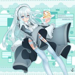  apron blue_eyes dated food garter_belt happy_birthday hibiki_(kancolle) highres kantai_collection long_hair maid maid_apron maid_headdress mf_u_c panties solo thighhighs underwear waffle white_hair white_panties white_thighhighs 