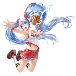  ahoge arm_up armpits ball bare_shoulders basketball basketball_(object) basketball_jersey basketball_uniform blue_hair breasts corrupted_file female floating_hair full_body hair_between_eyes jersey jumping king&#039;s_raid kneehighs legs_up long_hair looking_away medium_breasts midriff navel non-web_source official_art open_mouth outstretched_arm red_footwear red_shorts shirt shoes short_shorts shorts sidelocks sleeveless sleeveless_shirt sneakers socks solo sonia_(king&#039;s_raid) sportswear sweatband transparent_background twintails v-shaped_eyebrows very_long_hair white_legwear white_shirt yellow_eyes 