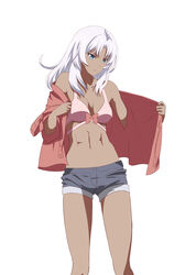  bikini bikini_top_only blue_eyes breasts cleavage closed_mouth cowboy_shot dark-skinned_female dark_skin denim denim_shorts elma_(xenoblade_x) female jacket kageyasu medium_breasts navel open_clothes open_jacket pink_bikini red_jacket short_shorts shorts simple_background solo stomach swimsuit white_background white_hair xenoblade_chronicles_(series) xenoblade_chronicles_x 