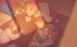  2boys absurdres braid brother_and_sister brothers closed_eyes family female genshin_impact highres long_sleeves lying multiple_boys on_back orange_hair pillow ruin_guard_(genshin_impact) shinyshynii shirt siblings sleeping sunset tartaglia_(genshin_impact) teucer_(genshin_impact) twin_braids wooden_floor 