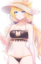  akan817 animal_ears bad_id bad_pixiv_id bare_shoulders black_bra black_panties blonde_hair blue_eyes bow bra breasts cat_ears choker cleavage cleavage_cutout clothing_cutout collarbone cowboy_shot ears_through_headwear female frilled_bra frills groin hairbow halterneck hat hat_bow king&#039;s_raid long_hair looking_at_viewer low_twintails navel panties rodina_(king&#039;s_raid) simple_background solo stomach sun_hat twintails underwear very_long_hair white_background 