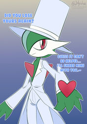  2dpidor 4_fingers anthro back_horn bottomwear chest_horn clothed clothing elbow_blade english_text exposed_chest fingers flirting flirting_with_viewer gallade generation_4_pokemon glistening glistening_eyes gradient_background green_body green_hands hat headgear headwear heart_symbol hi_res holding_object horn looking_at_viewer male nintendo one_eye_visible pants pattern_clothing pokemon pokemon_(species) red_eyes side_view simple_background sir_gallade smile solo spikes spikes_(anatomy) striped_clothing stripes suit text top_hat white_body white_bottomwear white_clothing white_hat white_headwear white_pants white_suit wrinkles_in_clothes 