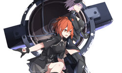  2girls adjusting_clothes adjusting_headwear ahoge bangs black_gloves black_jacket breasts fate/grand_order fate_(series) fujimaru_ritsuka_(female) ghostsilver gloves goggles goggles_on_head hair_between_eyes highres holding holding_shield holding_weapon jacket mash_kyrielight multiple_girls one_knee open_mouth orange_eyes orange_hair polar_chaldea_uniform purple_eyes purple_hair shield short_hair simple_background skirt weapon white_background 