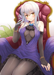  bangle black_gloves black_pantyhose blue_bow blue_bowtie blush bow bowtie bracelet breasts chair dress elbow_gloves female gloves hair_between_eyes hair_ornament hairclip jewelry large_breasts looking_at_viewer mahjong_soul medium_hair pantyhose purple_dress revealing_clothes rui_shi_(rayze_ray) sitting sleeveless sleeveless_dress solo white_hair yagi_yui yellow_eyes 