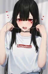  absurdres black_hair blush brand_name_imitation choker crew_neck ear_piercing enokawa_kokoro_(hara_kenshi) female hara_kenshi heart heart_tattoo highres holding holding_string jewelry long_hair mole mole_under_mouth original pants piercing red_eyes ring shirt shirt_tucked_in short_sleeves solo string supreme_(brand) t-shirt tattoo tongue tongue_out tongue_piercing white_shirt 