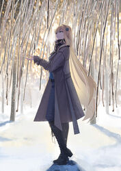  absurdres alternate_costume blonde_hair blue_eyes blue_pants blue_shirt boots braid brown_coat brown_footwear coat commentary_request cross-laced_footwear crown_braid female full_body hair_ornament highres knee_boots lace-up_boots long_hair pants pifu richelieu_(warship_girls_r) scarf shirt snow snowflake_hair_ornament solo standing very_long_hair warship_girls_r 